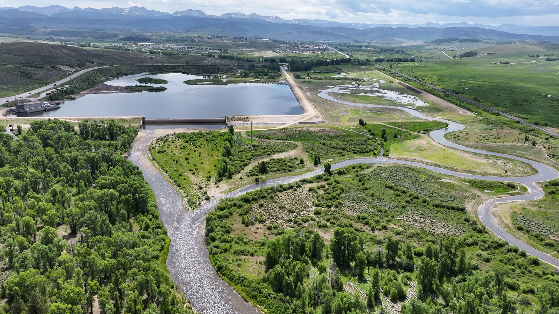 Aerial image shows the Colorado River Connectivity Channel with the smaller footprint of Windy Gap Reservoir