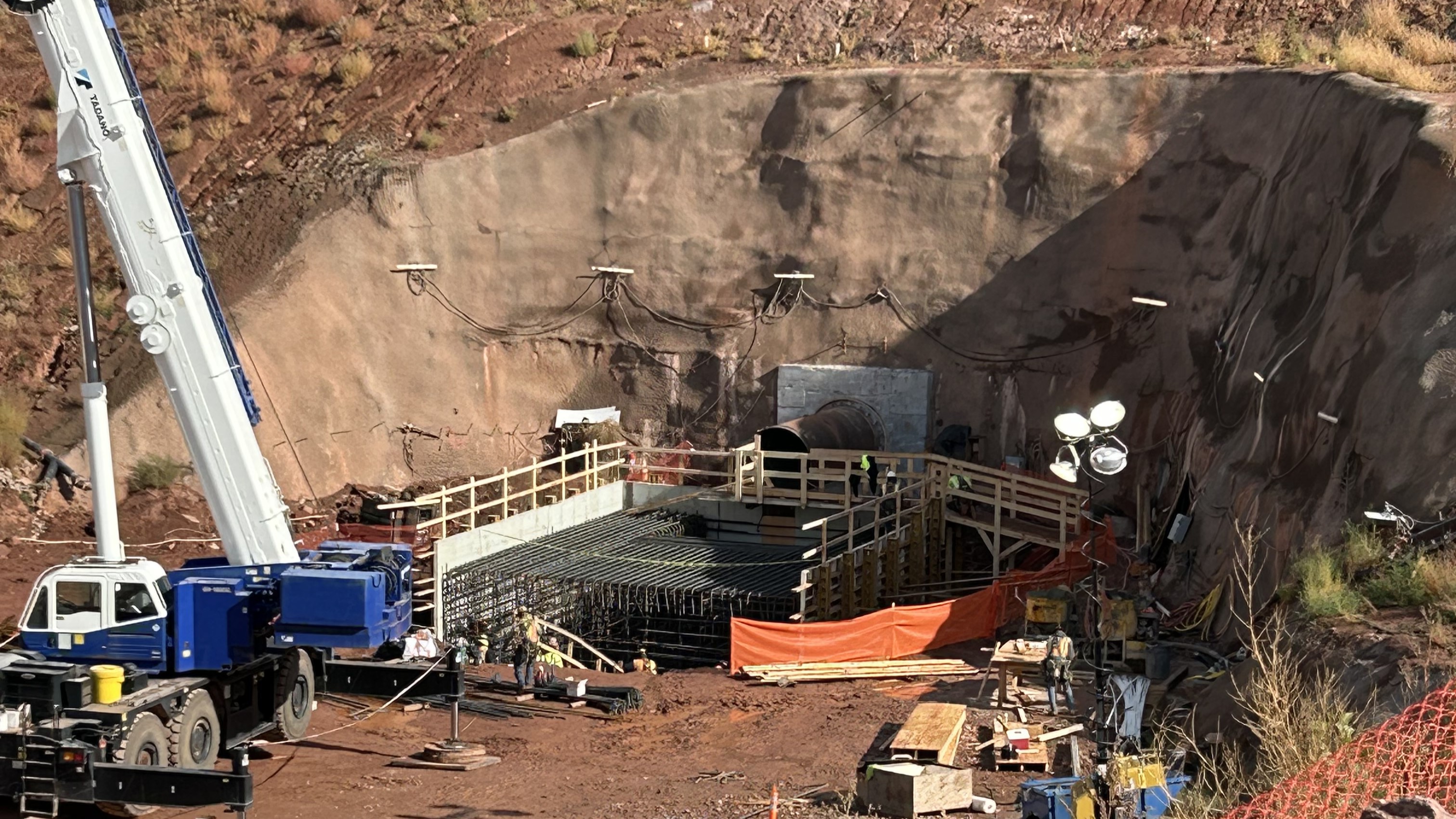 The beginning of construction of the inlet outlet tower just outside the tunnel portal.