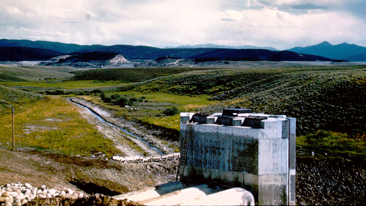 This historic image shows the intake tower at the Farr Pump Plant as it is being built at Lake Granby.