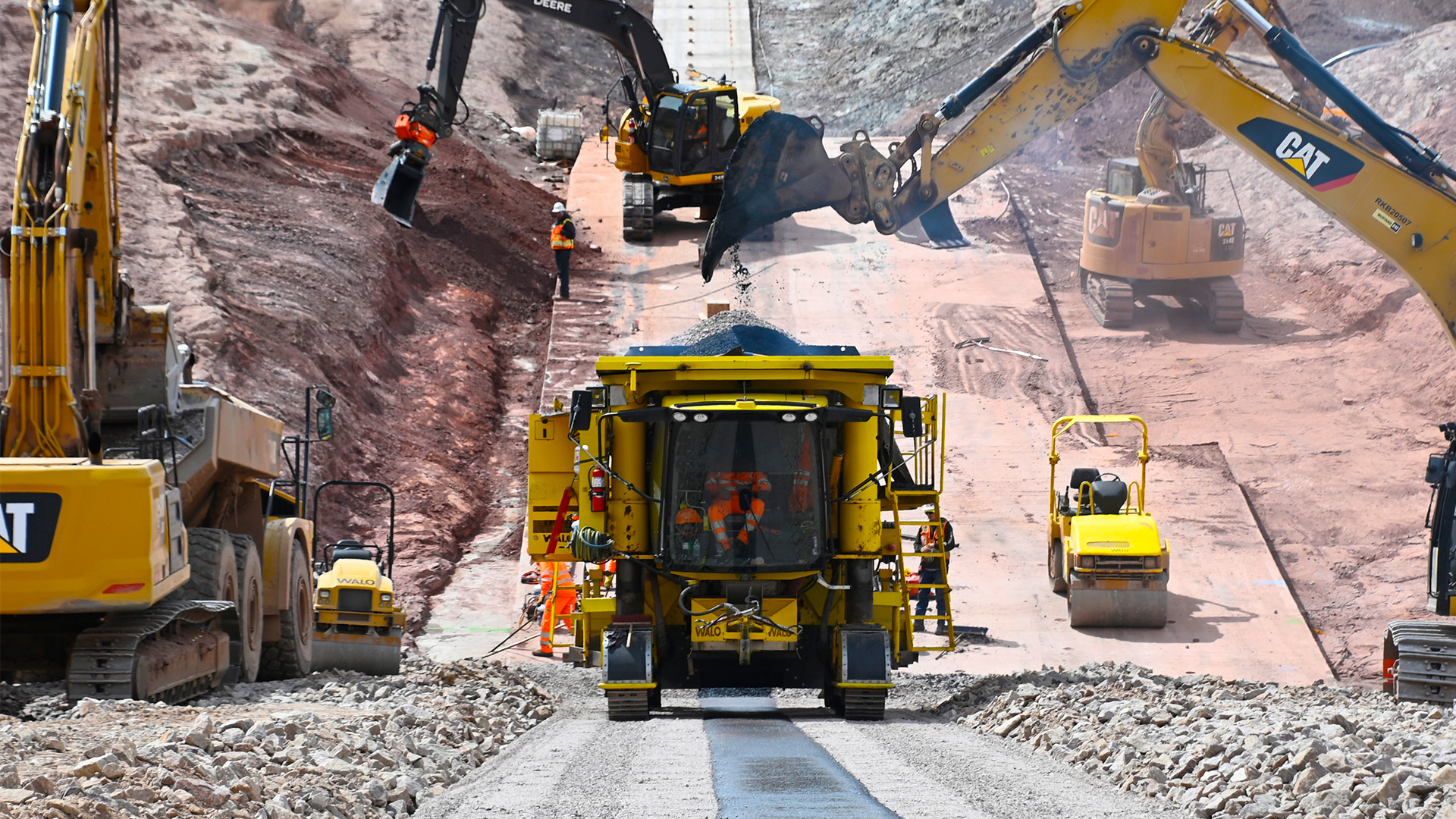 asphalt paver on the Chimney Hollow dam