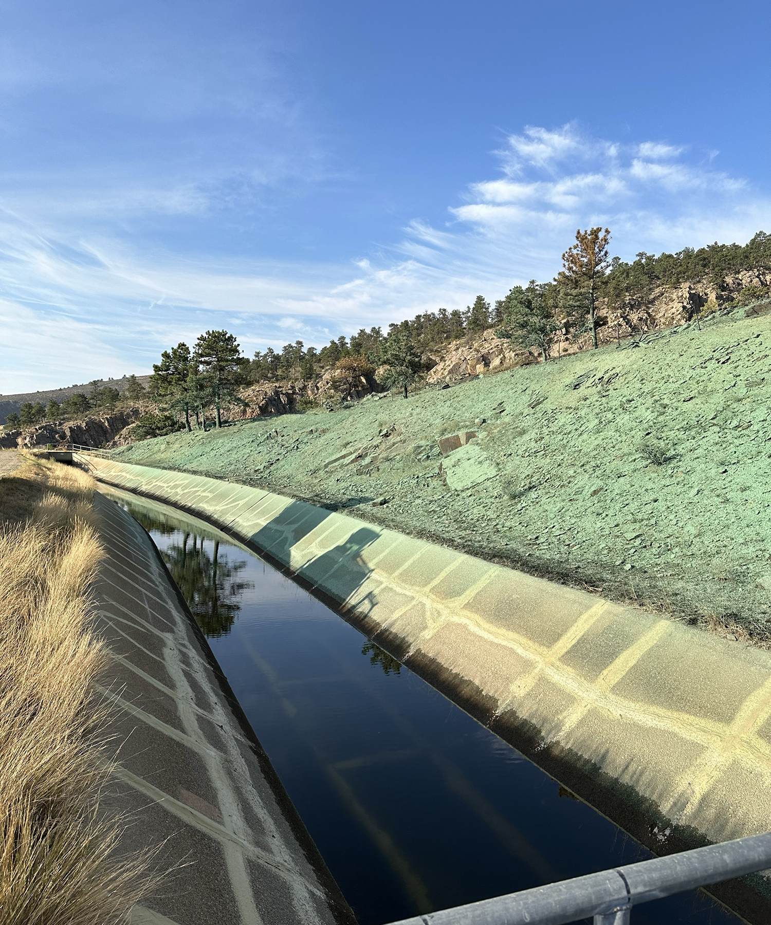 Hydroseeding was placed along the Hansen Feeder Canal to stabilize the Alexander Mountain Fire burn scar. 